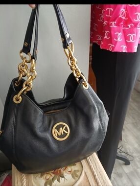 Michael Kors Black Leather Shoulder Bag with Gold Chain Hardware